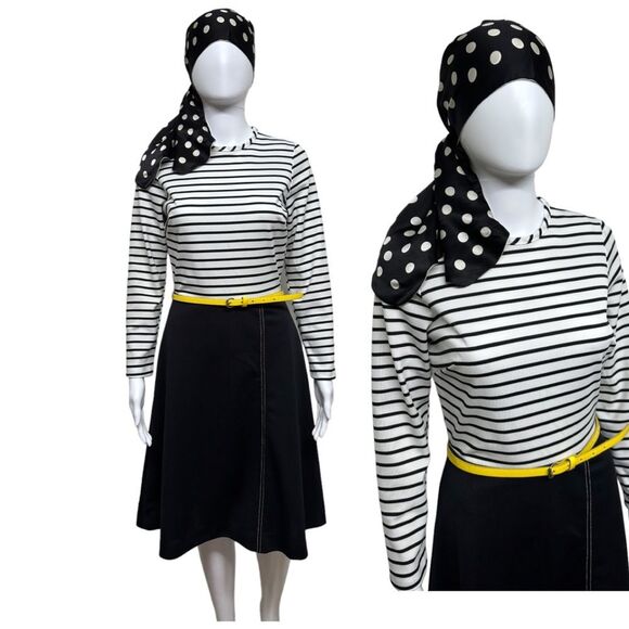 VINTAGE 60s 70s Mod Groovy Black White Polyester Striped Fit & Flare Dress 6 8 S - Picture 9 of 14